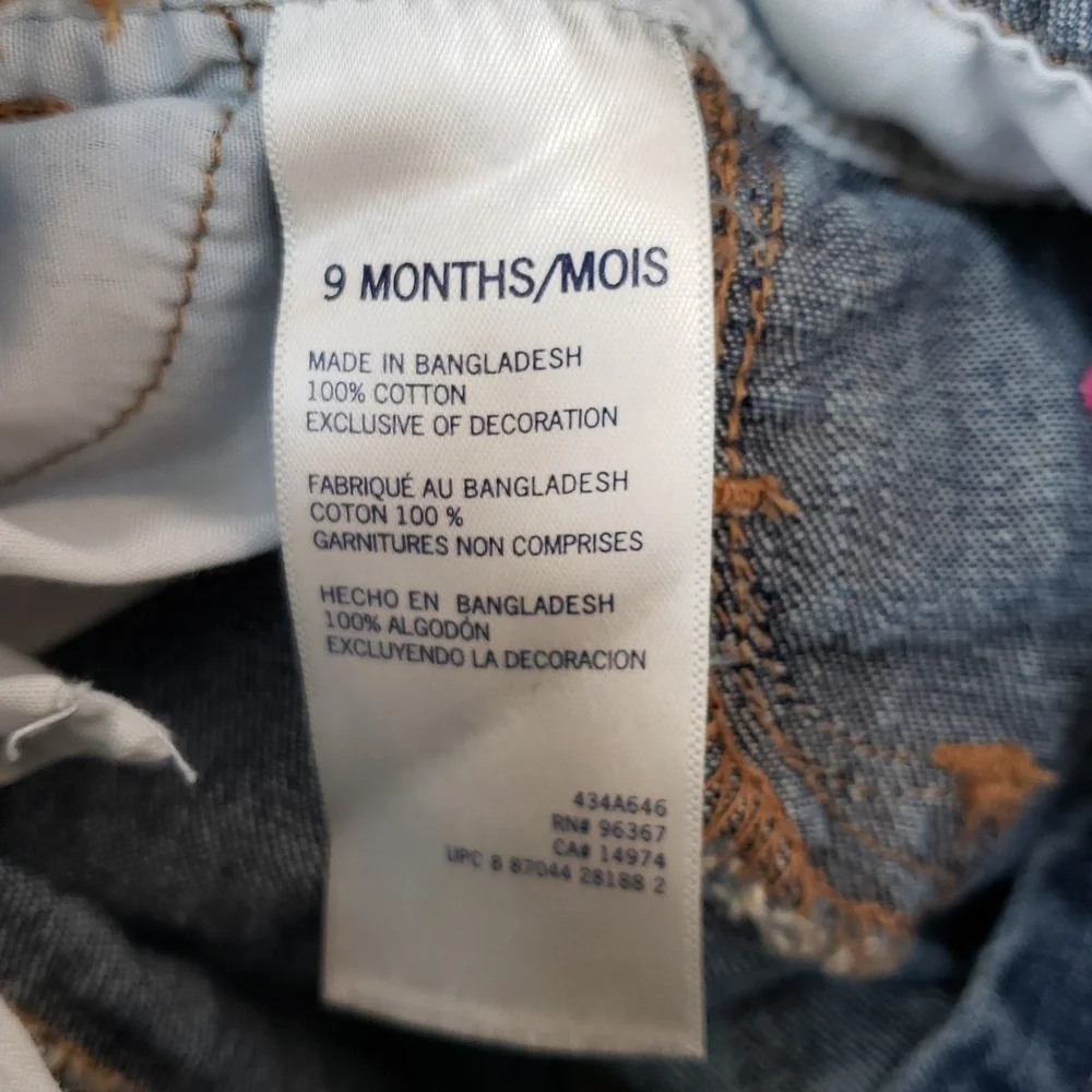 Oshkosh B'gosh Blue Jean Overalls With Pink Embroidered Birds, Size 9 Months